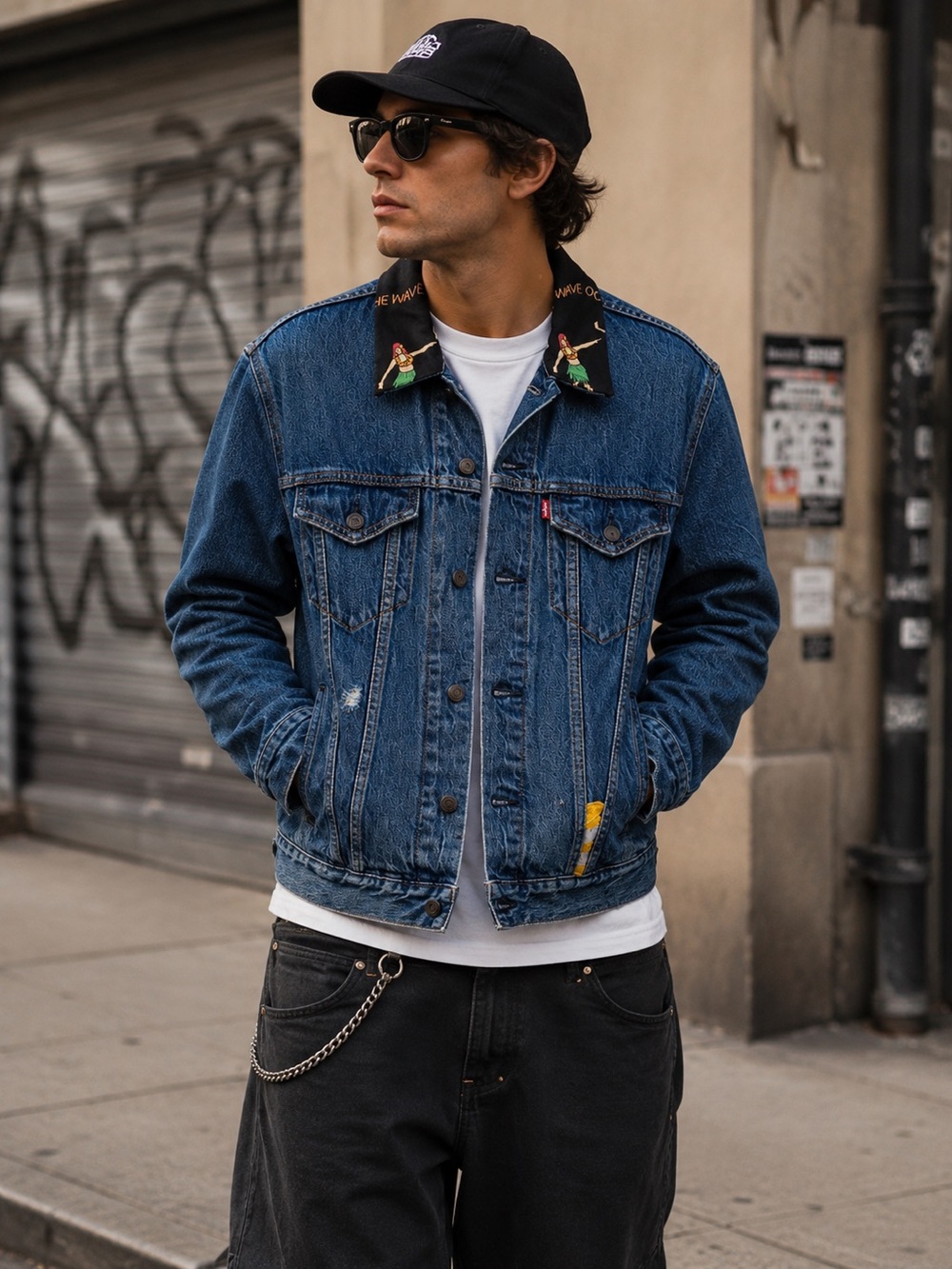 Levi’s Men’s Trucker Denim Jacket Hawaiian Print Collar Distressed Size Medium